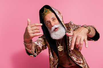 Photo of rich funny wealthy man wear stylish leopard print clothes read rap dance isolated on pink...
