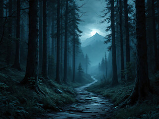 Moonlit forest path with a glowing, mystical atmosphere.