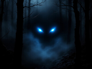 Fototapeta premium Glowing green eyes of a monster lurking in a dark, foggy forest.