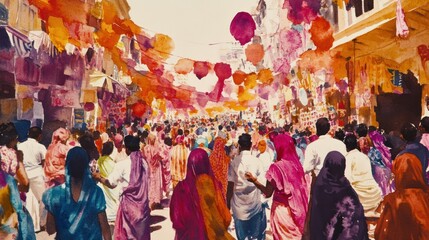 Vibrant street scene in India, filled with people in colorful clothing and festive decorations.
