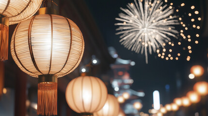 Fototapeta premium Fireworks Over Chinese Cityscape With Lanterns