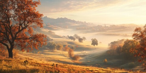 A serene autumn landscape capturing rolling hills and a misty valley. The scene features vibrant orange and yellow foliage among green pastures. Perfect for nature-themed projects. AI