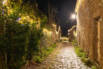 Les ruelles pavées de Locronan s'illuminent à Noël, créant une balade féérique dans ce village breton au charme intemporel.