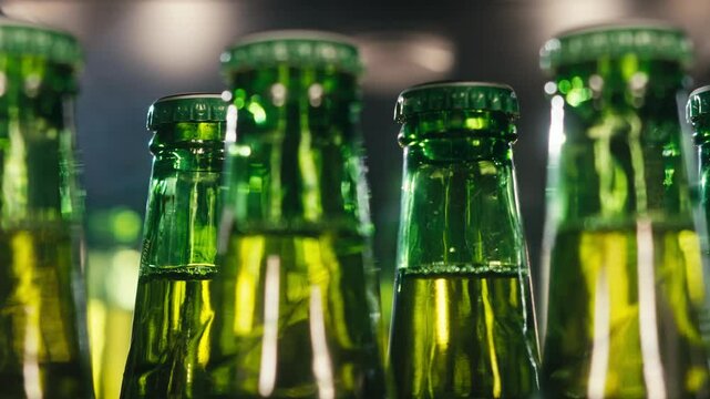Row of beer bottles in fridge, shop or hotel, cold lager craft german beer or cider, shop supermarket or wine cooler close up.