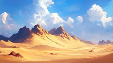 Naklejka premium Sunny desert landscape with majestic mountains under a vibrant blue sky.