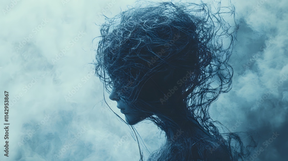 Poster human head gradually merging into ethereal and intricate thread like smoke pattern, representing tho