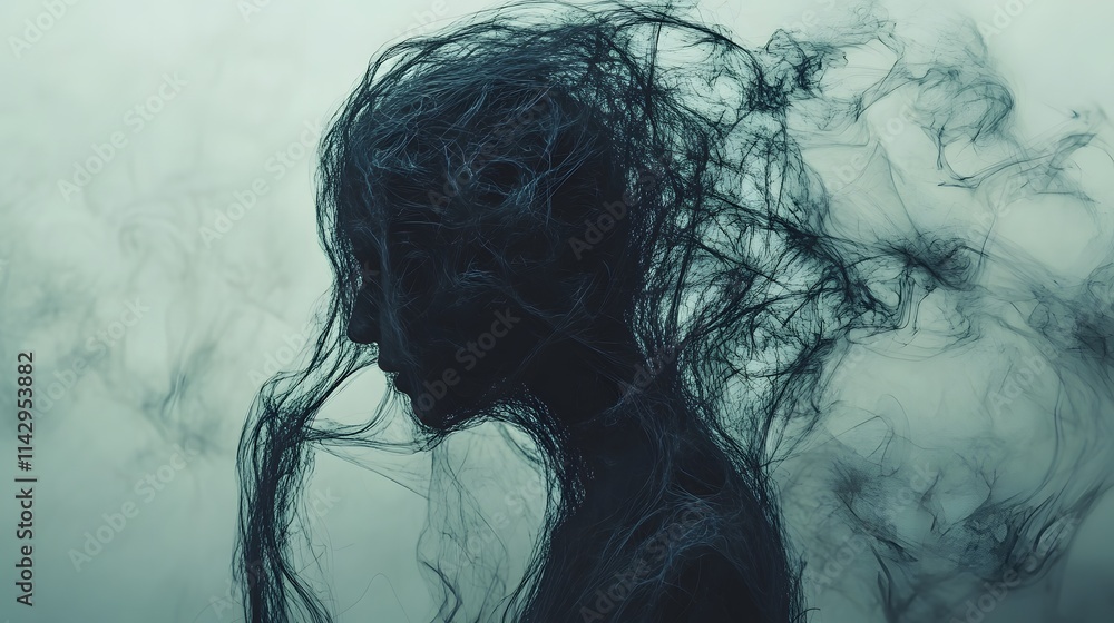 Poster human head gradually merging into ethereal and intricate thread like smoke pattern, representing tho