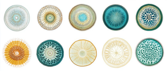 Microscopic Plant Cross Sections: Teal, Gold, and Beige Diatom Areolae Patterns