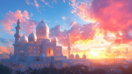 Majestic Mosque with Colorful Sunset and Dramatic Cloud Formation