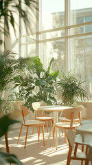 Bright Office Interior, Plants, Natural Light, Modern Design, Cafe