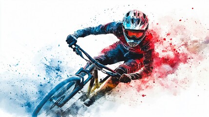 Mountain Biker in Dynamic Watercolor: A Thrilling Depiction of Speed and Skill