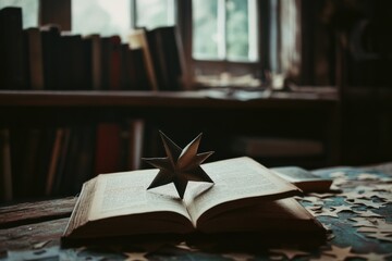 A paper star rests atop an open book on a sunlit table, surrounded by scattered puzzle pieces, blending literature with playful curiosity.