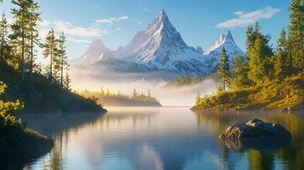 Serene Mountain Landscape with Snow-Capped Peaks, Lush Green Forests, Calm Waters, and Misty Reflections at Dawn in a Tranquil Natural Setting