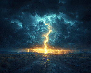 Fototapeta premium dramatic stormy sky with vibrant lightning striking across dark clouds over a deserted road