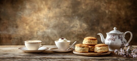Fototapeta premium Elegant English Tea Room Setting with China Tea Set and Scones for Afternoon Tea Design