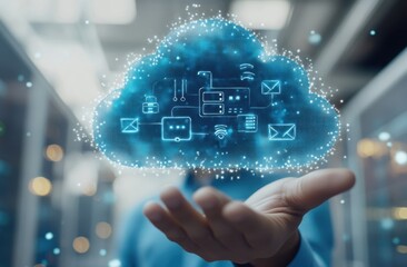 hand-drawn cloud with computer and server icons floating above it, a close-up of a hand in a blue shirt holding the drawing, a blurred white background a light gray and blurry background Generative AI