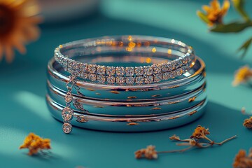 Obraz premium Elegant silver bracelets with sparkling diamonds on teal background surrounded by dried flowers
