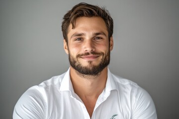 A man smiles warmly at the camera, exuding confidence and approachability in a crisp white shirt against a plain backdrop.