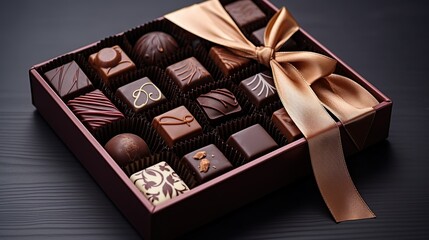 Assortment of Gourmet Chocolates in a Box with a Ribbon