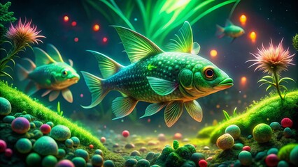 Fototapeta premium Surreal Emerald Green Corydoras Catfish: Underwater Dreamscape, Aquatic Fantasy, Vibrant Fish Photography