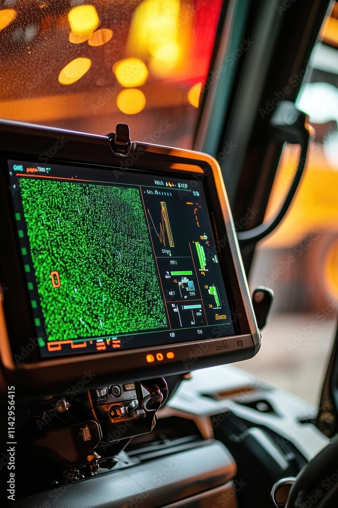 Poster high definition monitor display in combine harvester: real-time crop yield and soil moisture data