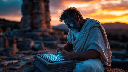 A scholar immersed in his work amidst ancient ruins, illuminated by the golden glow of the sunset, symbolizing the pursuit of knowledge and the passage of time.