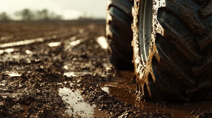 Fototapeta premium Rugged Tractor Tire Navigating Muddy Plowed Field Showcasing Durability and Earthy Textures