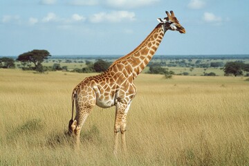 Obraz premium A giraffe gracefully wanders across the expansive savanna, surrounded by vibrant green trees under azure skies, embodying nature's splendor.