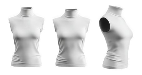 mockup of a white sleeveless turtleneck shirt for women. isolated on a transparent background the shirt is shown from the front. back. and side views