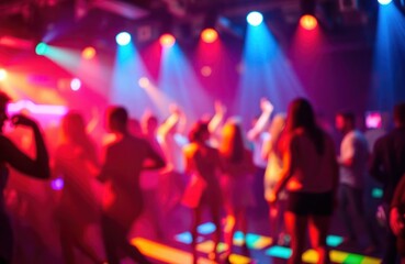 Energetic crowd dances in vibrant club. Colorful lights create abstract pattern on blurred background. Nightlife event full of excitement. Music fills air, people celebrating. Lots of people enjoying