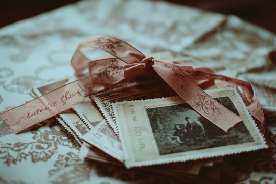 Sepia-toned vintage photographs tied with an elegant ribbon evoke nostalgia and timeless memories.