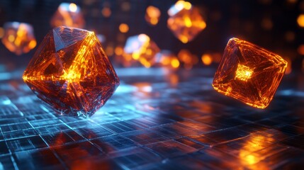 Abstract 3D Rendering of Glowing Geometric Shapes Floating Above a Sleek Surface with Soft Lighting in a Vibrant Color Palette of Orange and Blue