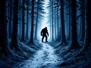 Misty forest with legendary Bigfoot