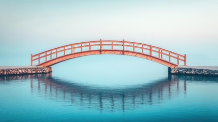 Obraz premium wooden bridge arching gracefully over a calm body of water, set against a tranquil landscape, creating a peaceful composition with ample negative space for contemplation