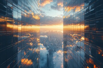Urban skyline reflecting sunset amidst skyscrapers and clouds