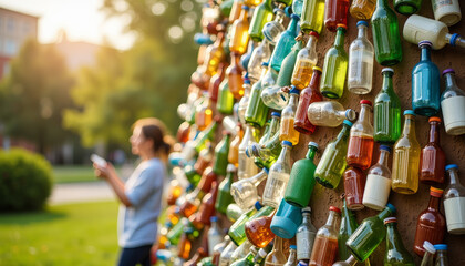Obraz premium Creative installation made of colorful bottles enhances public park experience at sunset