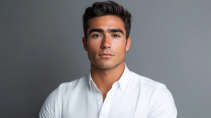 Obraz premium young man in a crisp white shirt posing confidently against a neutral gray background, capturing a sense of modernity and professionalism in a minimalistic style