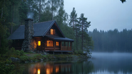 Rustic Log Cabin Lake Dawn Misty Cinematic Photo