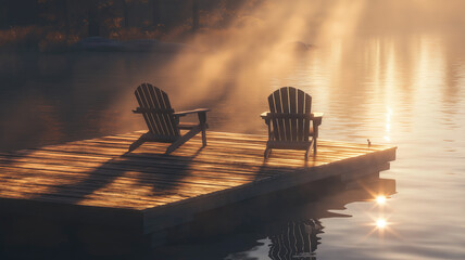 Generative AI Cottage life - Sunrise on two empty Adirondack chairs sitting on a dock on a lake in Muskoka, Ontario Canada. The sun rays create long shadows on the wooden pier