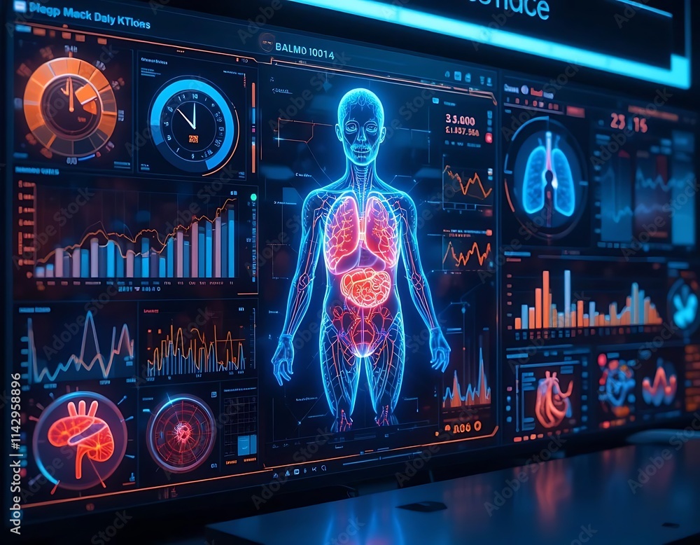 Poster a futuristic health data dashboard with glowing holographic charts and 3d models of organs