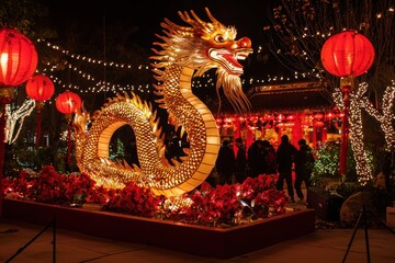 Fototapeta premium Lunar New Year Celebration: Dragon Statue and Lanterns at Traditional Temple for Festive Gatherings