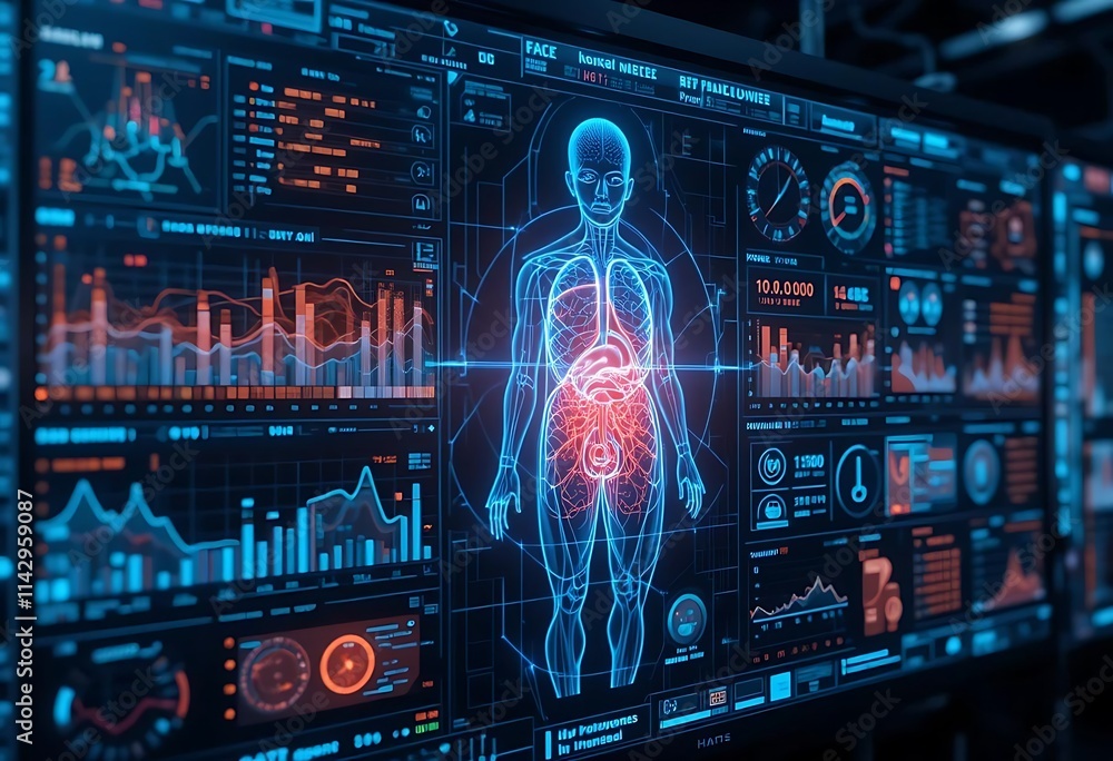 Poster a futuristic health data dashboard with glowing holographic charts and 3d models of organs