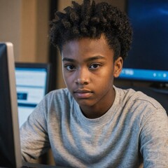 Amazing high resolution photos of African American teenager staring at computer. Atmospheric moment