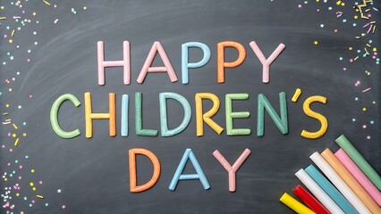 Multicolored happy children’s day typography with chalk letters on a dark blackboard, decorated with colorful confetti and chalk sticks, ideal for creative, festive, and kids’ celebration visuals