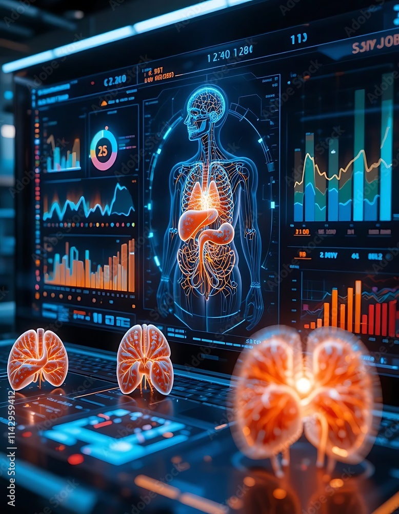 Poster a futuristic health data dashboard with glowing holographic charts and 3d models of organs