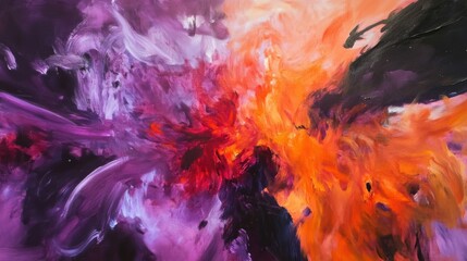 Explosive abstract clouds of deep magenta, fiery orange, and dark violet in chaotic motion, resembling a cosmic explosion or swirling nebula filled with energy, passion, and vibrant contrast.