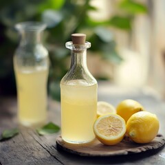 Tasty lemonade, organic, in old bottle and glass