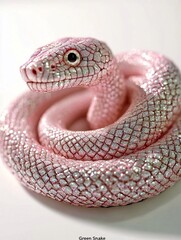 Fototapeta premium Distinctive pink snake with iridescent scales coiled on a neutral background