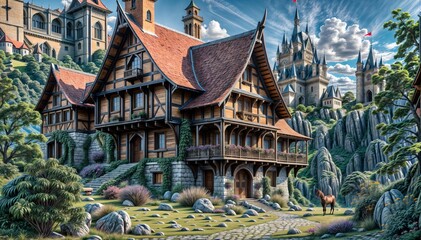 Obraz premium Manor house against the backdrop of ancient castles