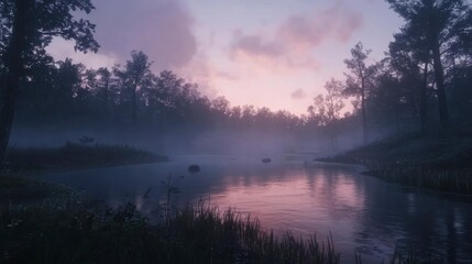 Fototapeta premium Serene Misty Landscape at Dawn Over Calm Waters with Trees and Soft Pink Skies Creating a Tranquil Atmosphere for Nature Lovers and Outdoor Enthusiasts